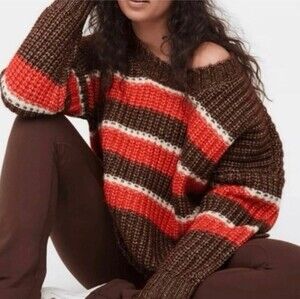 Offline By Areie MED Chunky Knit Stripe Oversized Sweater Slouchy Boho Cozy